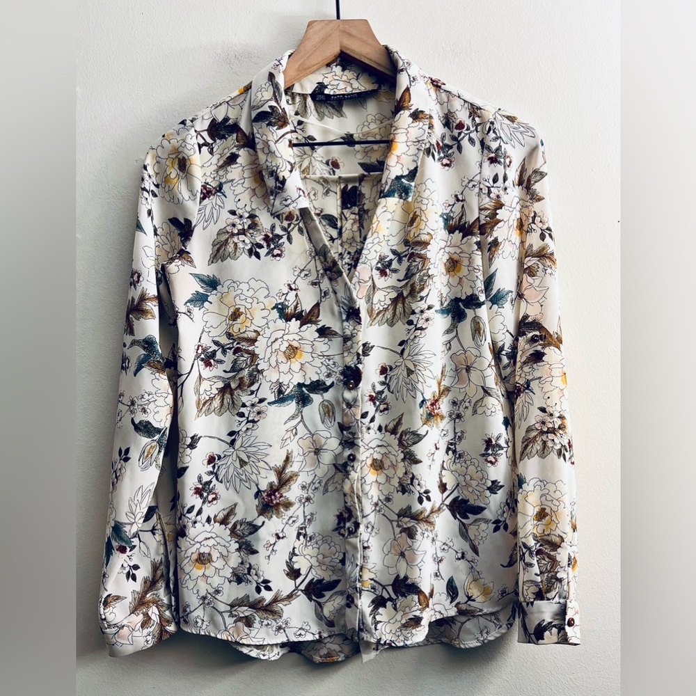 Zara Basic Collection women floral long sleeve blouse roll tab sleeve XS